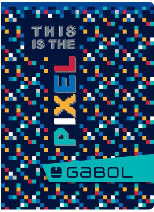 Ученическа тетрадка Gabol A5 с 80 листа на широки редове и цветен пикселен дизайн с надпис "THIS IS THE PIXEL" и синьо лого GABOL върху тюркоазен банер - перфектният избор за момчета.-8