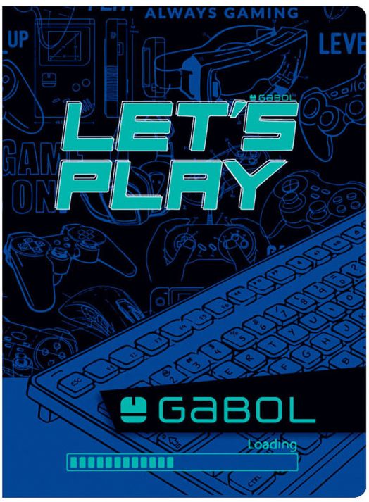 Ученическа тетрадка Gabol A5 с 80 листа на широки редове, подходяща за момчета, с тематичен дизайн LETS PLAY в синьо и мотиви на геймърски контролери и клавиатура.-5