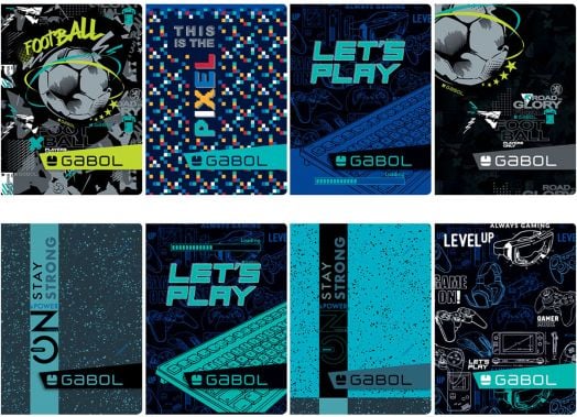 Осем цветни корици на ученическа тетрадка Gabol A5 с 80 листа на широки редове, идеални за момчета - с футболни графики, пиксел арт, клавиатури и мотивиращи надписи като LET'S PLAY и STAY STRONG.-7