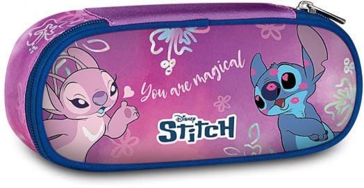 Лилаво-розов ученически несесер „Seven Lilo & Stitch“ с отделения, с изображения на Ангел и Стич, флорални мотиви, надпис „You are magical“ отпред, затваряне с цип и синя кант.-1
