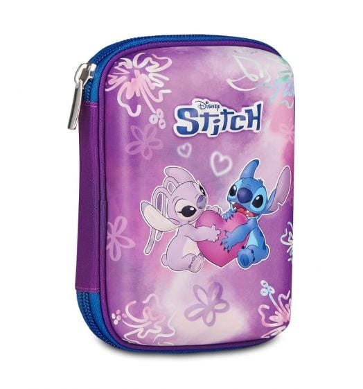 Лилаво-син ученически несесер „Seven Quick Case Lilo & Stitch“, пълен, с героите на Дисни Стич и Ейнджъл, които държат розово сърце, пастелни флорални мотиви и сърца, както и надпис „Stitch“ в горната част.-1