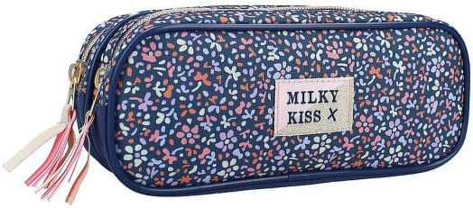 Правоъгълен несесер Vadobag Milky Kiss с тъмносин фон, покрит с цветна флорална шарка, две отделения с цип и лепенка с надпис MILKY KISS X отпред - предлага се в книжарница Orange.-1