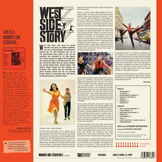 Задна корица на West Side Story (The Original Soundtrack Recording) (VINYL) с червено-жълт дизайн, информация за албума, текст за класическия мюзикъл на Леонард Бърнстейн, списък с песни и малки снимки на танцови сцени и актьорския състав в действие.-2