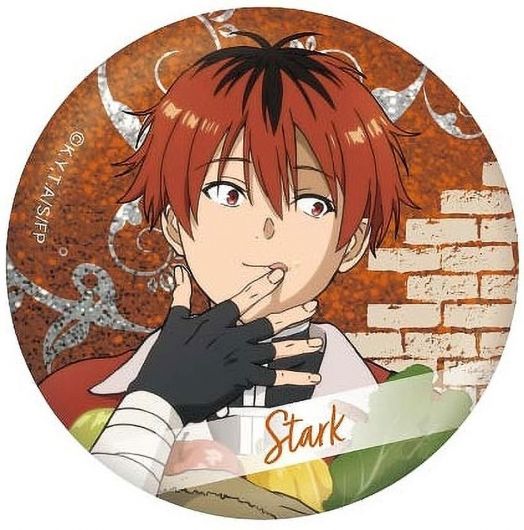 Аниме герой с къса червена коса и червени очи докосва устните си с ръкавица. Оранжеви, бели тухли, вихри на заден план. "Старк" е под-значка Frieren Beyond Journey's End, Метален бадж Серия С, идеален за фенове!.-2