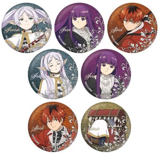 Седемте кръгли "Значка Frieren Beyond Journey's End - Метален бадж, Серия Б" включват 2 белокоси елфи, 2 лилави момичета, 2 червенокоси момчета и гърди с остри зъби - страхотни като аниме подарък!.-1