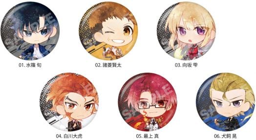 Шест кръгли значки "Значка Solo Leveling, асортимент" с аниме герои в стил чиби с уникални прически и изражения, всяка номерирана с японски текст, подредени в два реда по три на бял фон.-1
