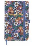 Джобен тефтер - органайзер Miquelrius Natura Blooming 2026 съдържа надпис "Twenty Six" в жълто върху синя корица с бели, оранжеви и бордо флорални мотиви, както и синя ластична лента-идеал като седмичен дневник 2026.