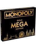 Кутията на Монополи - Mega Gold Edition е с елегантен черен фон и ярък златен текст, на който е изобразен силуетът на Лондон, включително Лондонското око и Биг Бен. Тази изключителна настолна игра е първокласно английско издание.