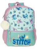 Раница Stitch в пастелносиньо и розово с тропически мотиви, пухкав бял ключодържател и надпис "STITCH"/"Just Chill". Поръчай от книжарница Orange с бърза доставка.