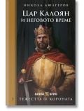 На корицата на книгата е изобразен средновековният цар Цар Калоян в кралско облекло, напомнящо за второто българско царство. Заглавието "Тежестта на короната: Цар Калоян и неговото време" на Никола Дюлгеров е поставено на тъмен, царствен фон.