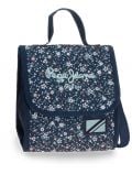 Тъмно синя чанта Pepe Jeans Alenka с горна дръжка, флорален десен и малка квадратна лепенка с диагонални ивици на предния капак. Логото на марката е бродирано в бяло - перфектно като вертикална чанта за обяд от книжарница Orange.