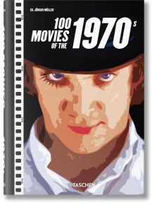 Корицата на книгата "100 филма от 70-те години" показва илюстриран близък план на човек с драматичен грим на очите, шапка-бастун и бяла риза - в знак на почит към "Портокал с часовников механизъм" и емблематичния стил на киното от 70-те години.