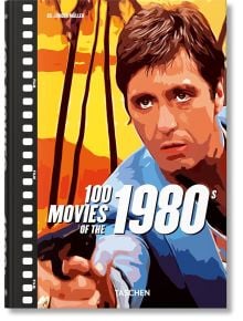 Стилизиран мъж насочва пистолет на жълт фон. Текстът на корицата, "100 филма от 80-те години", представя жива филмова енциклопедия от 80-те години, редактирана от Юрген Мюлер и публикувана от TASCHEN.