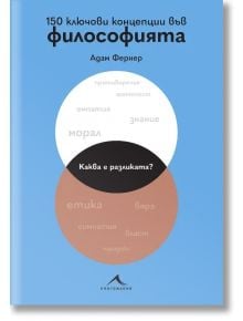 Сини, бели и бежови кръгове на диаграмата на Вен с български текст на корицата "150 ключови концепции във философията". В подзаглавието са разгледани ключови философски понятия и техните различия в кръговете.