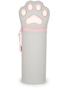 Сив 2-в-1 силиконов несесер Legami Kawaii - Meow във формата на котешка лапа с розови възглавнички, текстурирана повърхност, цип и релефен надпис "MEOW" отстрани-идеален органайзер за фенове на Meow Kitty.