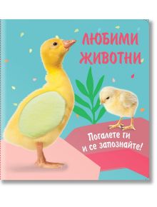 Корица на книгата "Любими животни. Погалете ги и се запознайте! Пате" са изобразени две жълти пиленца на цветен фон, изпълнен с конфети, с български текст - идеален за запознаване на малките читатели с животните.