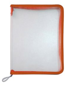 Папка с цип Office Zone с оранжев кант - прозрачна ученическа папка, идеална за съхранение на документи; показана празна и затворена, лежи равномерно със сив цип отляво.