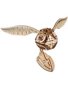 3D дървен пъзел Ugears Хари Потър - Златен снич, 120 части, с лазерно изрязани детайли, разперени крила и стойка за изложба. Надписът "Отворено в края" го прави уникален сувенир за фенове.