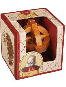 Дървен 3D пъзел Професор Пъзел Great Minds - Глобусът на Галилео включва преплетени извити и прави дървени части, образуващи сферичен глобус на Галилео, изобразен отгоре на бял фон.