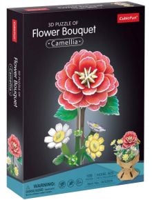 Изображението показва 3D пъзел Cubic Fun - Букет камелния (120 части) кутия с декоративна фигура на цветен букет с голяма червена камелия и бели маргаритки, както и предупреждение за малки части.