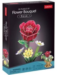 Кутия с 3D пъзел Cubic Fun - Букет роза, 120 части: цветен букет с червена роза и други цветя, сглобяем от 120 елемента. Тази декоративна фигура е подходяща за деца над 8 години.