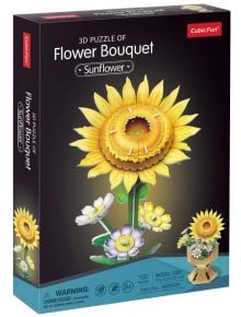 Кутията на 3D пъзел Cubic Fun - Букет слънчоглед (102 части) е с черен дизайн и цветни изображения на готов модел слънчоглед с малки цветя, идеална за създаване на красива декоративна фигура.