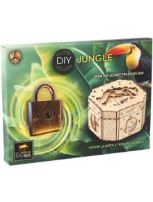 Комплектът 3D пъзел Eureka Secret Treasure Box - Джунгла включва дървен 3D пъзел с изображение на катинар и тукан върху зелени листа, както и текст: Отвори тайната кутия за съкровища и Направи си сам джунглата.