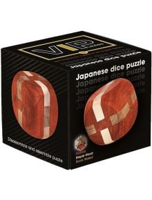 Черна кутия с надпис VIP Puzzles представя 3D пъзел Eureka VIP Japanese Dice - елегантен дървен пъзел, изработен от падук, клен и черен орех, включително инструкции за решаване на този логически пъзел.