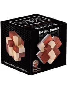 Черна кутия с 3D пъзел Eureka VIP Nexus - мозъчна игра в червено, кафяво и кремаво, изработена от падук, клен и черен орех. На опаковката е показан сглобеният пъзел - идеален за мисловни предизвикателства.