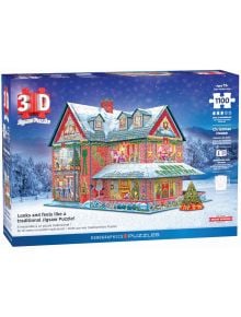 Кутия на 3D пъзел Eurographics - Коледна къща, 1100 части, показва завършената, цветна и заснежена коледна къща с празнични декорации. Подходящ за деца над 12 години.