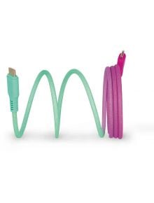 Кабелът за зареждане Legami Magneticent 4 в 1 има тиландски конектор с прав кабел в единия край и розов конектор с навит кабел в другия, изобразени във формата на спирала на бял фон.