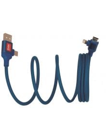 4-в-1 кабел за зареждане Legami Magneticent - Petrol е син оплетен кабел за зареждане с конектори USB-A, USB-C и Lightning, Подредено спираловидно на бял фон за удобно и бързо зареждане на няколко устройства.