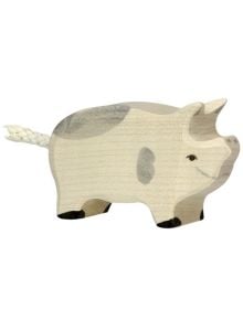 Дървена фигурка Holztiger - Пъстро прасенце с видима дървесна шарка и оцветени детайли - чудесно попълнение към колекцията от детски играчки.