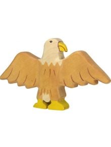 Дървена фигурка Holztiger - Орел с разперени крила, жълт човка и крака, боядисан в кафяво и бежово - чудесно попълнение към всяка колекция от дървени играчки.