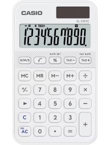 Джобен калкулатор Casio SL-310YC-WE, бял, с голям LCD дисплей (показващ 1234567890), модерен дизайн и функционални сиви и бели бутони за математически и данъчни изчисления.