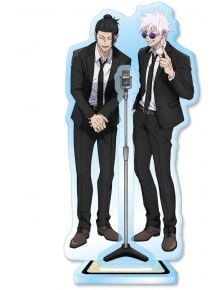 Акрилна фигурка Jujutsu Kaisen Premature Death - Gojo and Seto Suit: Двама герои в черни костюми, вдъхновени от Годжо и Гето, до винтидж микрофон. Единият усмихнат с кок, другият със спрякала коса и очила сочи. Перфектен подарък за фенове!.