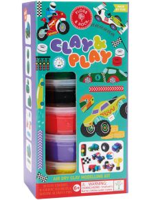 Ярък "Творчески комплект с пластилин Floss & Rock - Коли" с забавни герои, автомобилна тематика като състезателни коли и светофари, 10 цвята пластилин, идеи за игри и предупреждение за деца под 3 години.