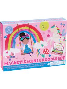 Цветна кутия за Магнитен комплект за игра Floss & Rock - Rainbow Fairy: забавна творческа игра с момиче на люлка, еднорог, дъга и други! Включва магнитна дъска с 2 сцени, 40+ магнита, 5 фигурки; идеална за възраст над 3 години.