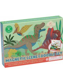 Магнитен комплект за игра Floss & Rock - Dino е творческа игра с илюстрирани динозаври, вулкани, магнитна дъска, дъска за рисуване, химикалки, магнитни елементи и стоящи фигурки за игра. За възраст 3+.
