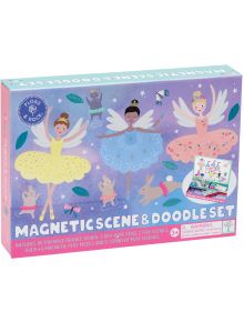 Цветна кутия за "Магнитен комплект за игра Floss & Rock - Enchanted" с балерини, животни, звезди и цветя на лилав фон. Подходящ за деца 3+, включва магнитни части и дъски за творчески игри.