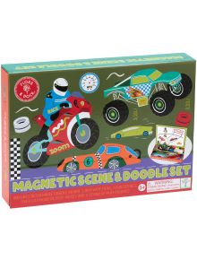 Цветна кутия за Магнитен комплект за игра Floss & Rock - Cars със състезателни превозни средства (мотоциклет, чудовищен камион, състезателна кола) и магнитни фигури за игра. Включва забавна магнитна настолна игра. Възраст 3+. Съдържанието и предупреждение