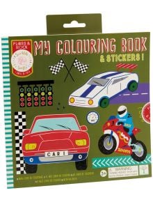Ароматна и забавна, Книжка за оцветяване Floss & Rock - Cars включва червена кола, бяла състезателна кола, син мотоциклет със състезателни знамена и светофар на зелен фон. За възрасти 3+, с ароматна корица за допълнително удоволствие!.