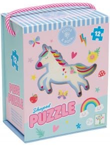 Цветна кутия за Пъзел Floss & Rock, Rainbow Fairy - Еднорог, 12 части. Оформена като еднорог и украсена с дъги, цветя, пеперуди и звезди. Розово-синя кутия с дръжка от въже; подходяща за възраст над 2 години.