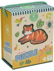 Пъзел Floss & Rock, Jungle - Зоологическа градина, 12 части включва илюстрация на тигър с птичка, паяк, змия, листа и мишле. Цветната кутия с дръжка го прави идеален детски пъзел за деца над 2 години.