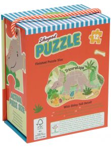 Пъзел Floss & Rock, Dino - Динозаври, 12 части се предлага в цветна оранжева кутия с листни детайли, въжена дръжка, блестящи фолийни акценти и изобразява трицератопс. Големината на готовия пъзел е подчертана върху опаковката.