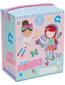 Ярката кутия за Пъзел Floss & Rock, Rainbow Fairy - Феи, 30 части показва две феи, кексче, пеперуди и звезди. На розово-синята кутия е написано "пъзел 30 части" и "Пъзел с форма", с дръжка от въже-идеален подарък за деца!.