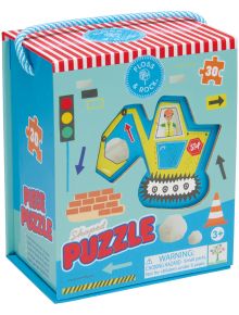 Цветната кутия за Пъзел Floss & Rock, Construction - Багер, 30 части включва ярки изображения на багер, конус, тухлена стена и светофар. Перфектен за деца на възраст над 3 години, този пъзел във формата на багер със сигурност ще ви зарадва.