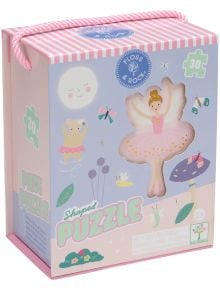 Пастелната кутия за Пъзел Floss & Rock, Enchanted - Балерина, 30 части показва балерина, мече в пачка, луна, гъби и цветя. Тя е с розова дръжка и е подходяща за деца на възраст 3+.