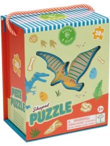 Цветна кутия за Пъзел Floss & Rock, Dino - Динозаври, 30 части - във формата на динозавър, идеална за възраст 3+, с илюстрации на птеродактили и вкаменелости, оранжева дръжка за носене. Предупреждение: Опасност от задушаване; не е за деца под 3 години.
