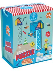 Пъзел Floss & Rock, Construction - Строителство, 60 части е с форма на кран и идва в цветна кутия с весели строителни илюстрации, работник, синя дръжка и предупреждение за малки части. Подходящ за деца над 5 години.